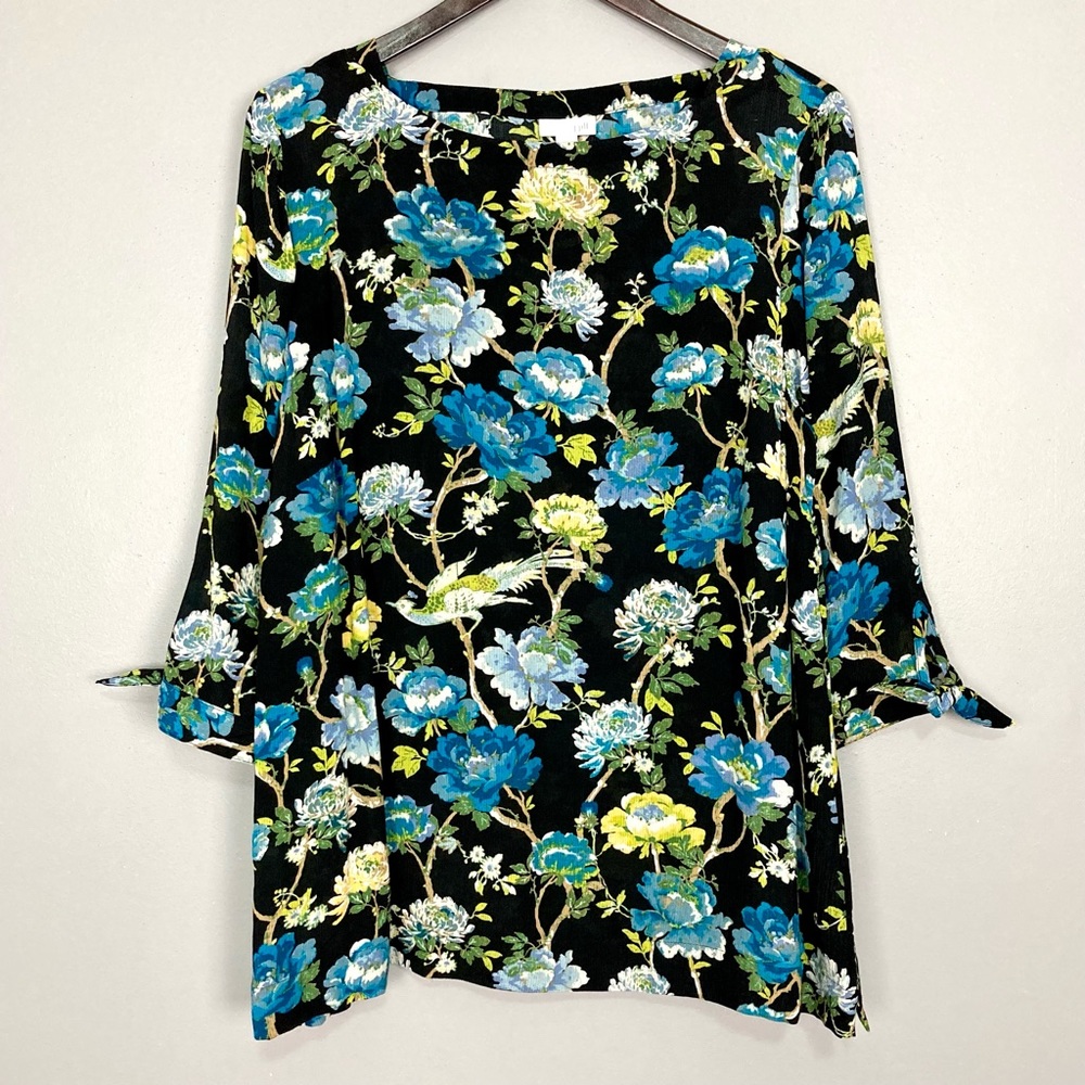 J. Jill Chinoiserie Floral Blouse Women’s Size L Baroque Tie Sleeves Boat Neck